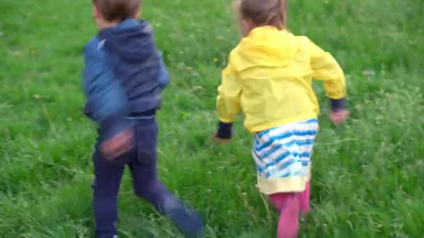 Hiteles aranyos két kis óvodás testvér gyerekek lány és fiú sétál a parkban magas fű tavaszi naplementekor. A gyerekek zavarodottan néznek ki a lábuk alatt. Gyermekkor, szülőség, család, életmód koncepció — Stock videók