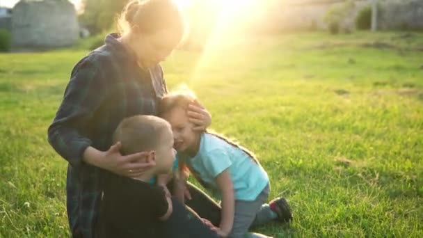 Sommer, Natur, glückliche Familie, Schwangerschaft - junge schwangere Mutter mit zwei kleinen Kleinkindern sitzt bei Sonnenuntergang auf dem Rasen im Park. Kinder, die Mamas Bauchkuss streicheln, haben Spaß, lachen und verbringen Zeit miteinander — Stockvideo