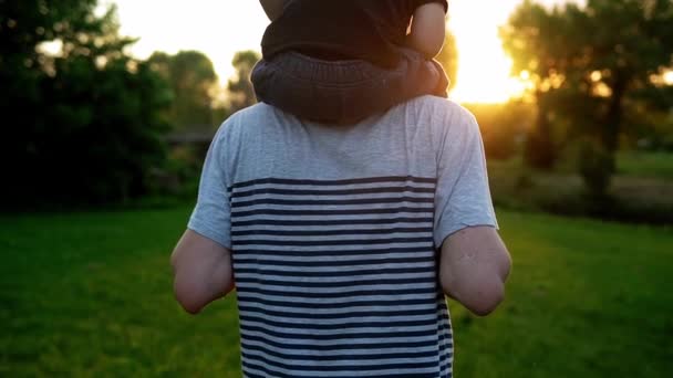 Sommar, semester, natur, lycklig familj, barndom, faderskap, fadersdag - pappa med förskola barn son pojke barn springa spela plan spridda armar vingar ha kul sitta på axeln i parken äng vid solnedgången — Stockvideo