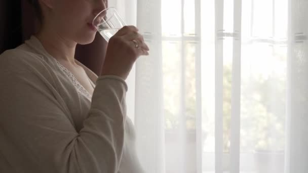Pravá roztomilá těhotná žena se cítí šťastná doma s břichem. Mladá matka hladí bříško a pije vodu ze skla u okna. prenatální mateřská péče, těhotenství, mateřství, koncepce životního stylu — Stock video