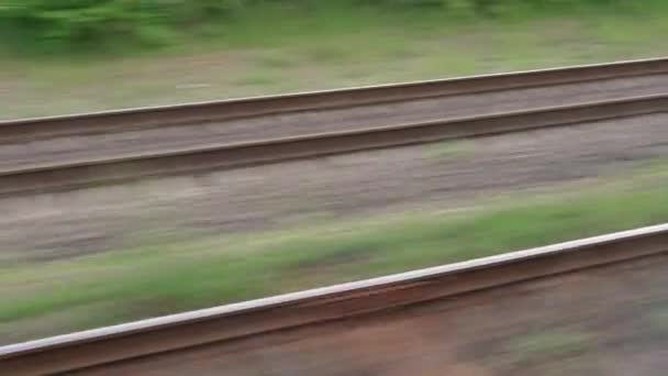 Vista de janela de trem de velocidade com brilho em vidro e carris paralelos em paisagem de prados e floresta antes do pôr do sol em fundo de verão. Transporte, viagens, estrada, ferrovia, conceito de comnicação — Vídeo de Stock