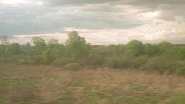 Widok z okna pociągu dużych prędkości na krajobraz pięknej przyrody dzikie pole i las na wieczór zachmurzone zmierzch niebo zachód słońca w tle lata. Transport, podróże, kolej, koncepcja komunikacji — Wideo stockowe