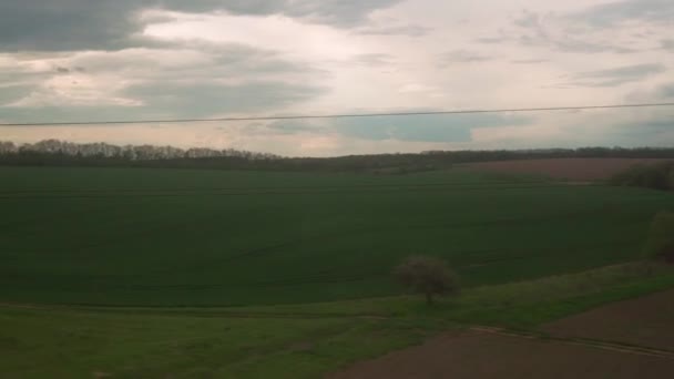 Blick aus dem Fenster des Hochgeschwindigkeitszuges auf Landschaft der schönen Natur grüne Wiese und Wald am Abend bewölkten Abendhimmel Sonnenuntergang im Sommer Hintergrund. Verkehr, Reisen, Bahn, Kommunikationskonzept — Stockvideo