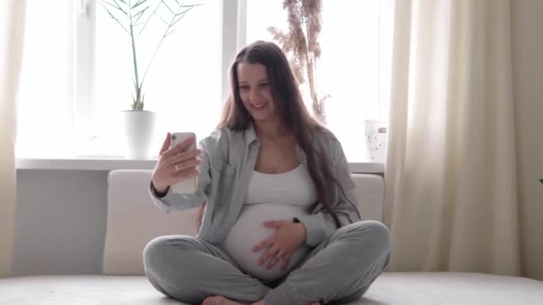 Mujer embarazada feliz con la tableta tienen videollamada utilizando el teléfono inteligente se comunica con el marido a través de chat consulta en línea con el médico hablar con amigos en el teléfono móvil. embarazo, tecnología, medicina — Vídeos de Stock