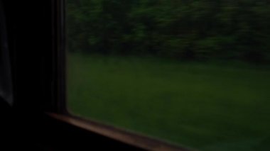 Yüksek hızlı trenin penceresinden manzaralı güzel doğa yolu manzaralı araba ve ormanlı yaz arkaplanındaki alacakaranlık gökyüzü günbatımında. Ulaşım, seyahat, demiryolu, iletişim konsepti