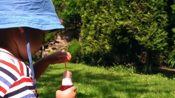 Panamalı mutlu kreş çocuğu yaz aylarında sabun köpüğü üflüyor. Çocuklar bahçede oynuyorlar. Bebek parkta ya da açık havada güneşli bir günde. Çocukluk, Meslek, Ebeveynlik, Aile kavramı — Stok video