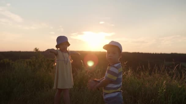 Cute szczęśliwy przedszkolak para przytulanie skoków i wygłupianie się na szczycie góry w wysokiej trawie przed zachodem słońca. Dziecko spaceruje na łące. dzieciństwo, natura, styl życia, przyjaźń, pojęcie lata — Wideo stockowe