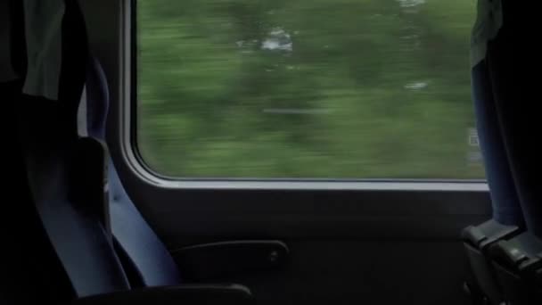 Dark interior of moving high-speed train carriage with empty seats. view from window bus on landscape of beautiful nature. Transport, travel, railway, communication, deserted place, quarantine concept — Stock Video