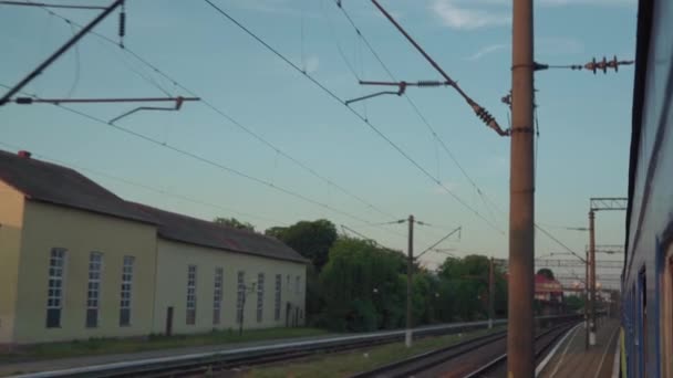 美しい自然の野生のフィールドと夏の背景に夕方の日没の森の鉄道線路上の窓の高速列車からの青い景色。交通、旅行、鉄道、通信の概念 — ストック動画