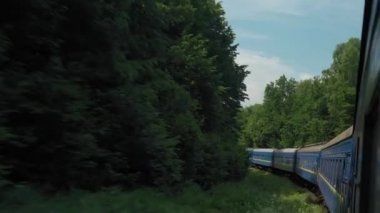 Yüksek hızlı trenin yan görüntüsü güzel doğa manzarası vahşi arazi ve dağların ormanı yaz arkaplanındaki bulutlu güneşli bir günde. Ulaşım, seyahat, demiryolu, iletişim konsepti