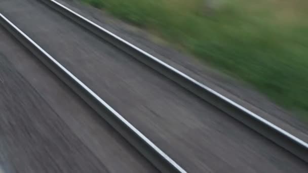 美しい自然の野生のフィールドや森林鉄道のトラックの風景の中に窓の高速列車からの眺め夏の背景に夕日のレール。交通、旅行、鉄道、通信の概念 — ストック動画