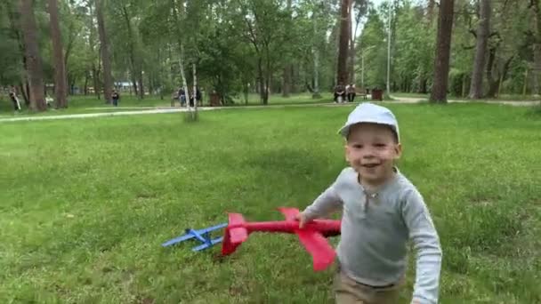 One happy cute little preschool toddler child boy kid running around have fun in summer park playing on meadow hold toy airplanes launching fly into sky. Childhood, rest, nature, joy, family — Stock Video