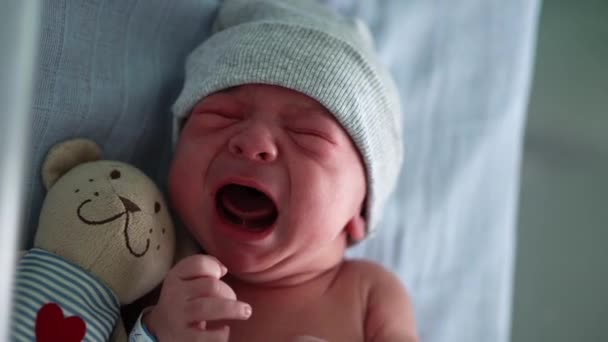 벌거벗은 갓 태어난 아기의 얼굴 어린 시절의 눈물 곰 이 푸른 배경에서 울었다 . 아이는 모자를 쓰고 인생을 시작 한다. 유아, 출산, 처음 보는 볼링의 순간, 시작하는 개념 — 비디오