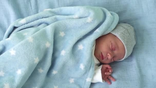 Newborn Baby Face Portrait Acne Allergic Irritations Early Days Sleeping On Blue Background. Child At Start Minutes Of Life on Hat. Infants, Childbirth, First Moments Of Borning, Beginning Concept — Stock Video