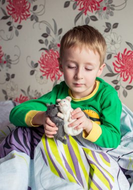 Çocuk favori oyuncakları ile yatakta