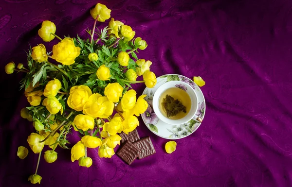 Žluté květy ve váze na fialovém pozadí Stock Fotografie