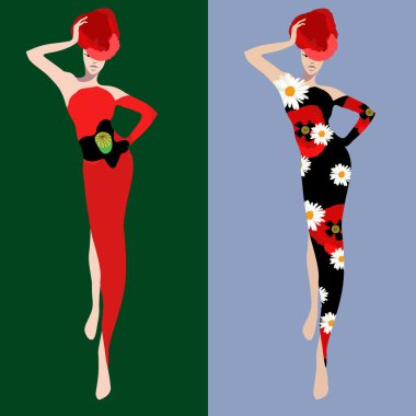 Çiçekli elbiseler (haşhaş, papatya) modellerinde soyut taslağını. Moda gösterisi, ilkbahar-yaz, logo