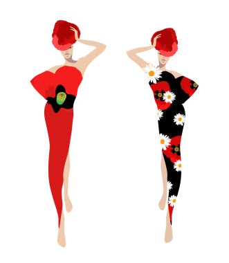 Çiçekli elbiseler (haşhaş, papatya) modellerinde soyut taslağını. Moda gösterisi, ilkbahar-yaz, logo, beyaz izole