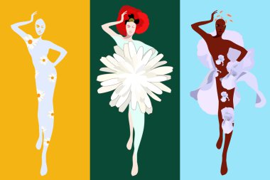 Soyut kroki üç modeli (kız) çiçek kıyafetleri (poppy, papatya, Iris), yeşil, sarı, mavi arka plan. Moda gösterisi, ilkbahar-yaz, logo