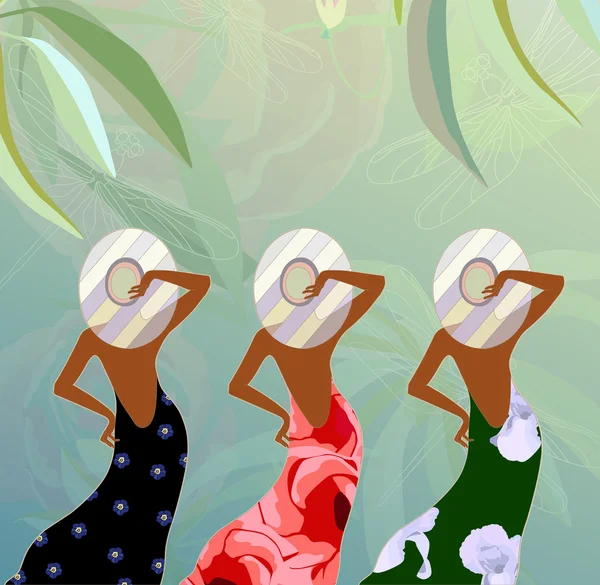 꽃 프린트 (녹색, 빨강 및 검정)와 드레스에 모델의 추상 스케치 줄무늬 모자, 배경-열 대 숲과 잠자리, 봄 여름 패션 — 스톡 벡터