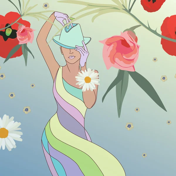 Schiță model abstract într-o rochie cu dungi (albastru, galben, verde, liliac), pălărie albastră, mănuși roz pe un fundal floral (margarete, mac, frunze). Moda primavara-vara — Vector de stoc