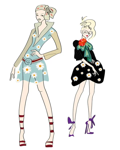 Abstract sketch of models in the new collection of clothes (black dress with daisies, dress safari style, bow, decorated with a flower, sunglasses), fashion spring summer, fashion show — 图库矢量图片#