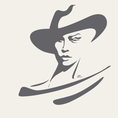 Bir şapka ve çizgili elbise, moda logosu, alışveriş bir kız (model) Soyut suluboya portre