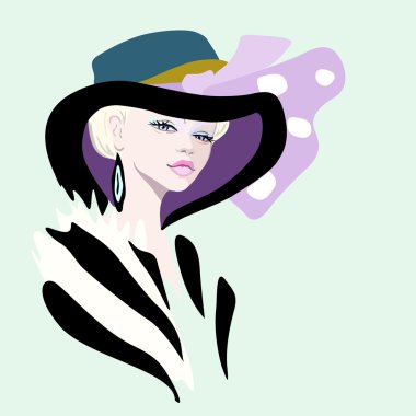 Pembe yay (polka nokta) _ elbise çizgili siyah ve beyaz, logo moda ve güzellik ile bir şapka bir kız (model) Soyut suluboya portre