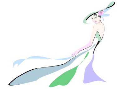 Çizgili elbiseli bir kadının soyut suluboya portresi (beyaz, yeşil, mor, mavi), pembe güllü yeşil şapka, beyaz üzerine izole edilmiş, güzellik ve moda logosu, moda ilkbahar yaz
