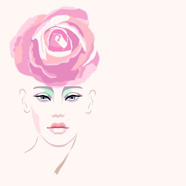 Bir model (kız), şapka şeklinde pembe gül, güzellik logosu, moda soyut suluboya portre