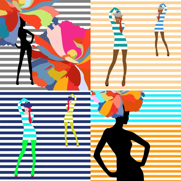 若いスタイリッシュな女性と服コレクション、ストライプのドレス(青、緑、白) 、ストライプの背景。縞模様の背景に花の帽子の女性のシルエット、ファッション、アート — ストックベクタ