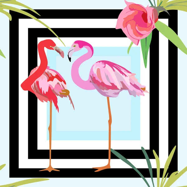 Het tekenen van een paar rode en roze flamingo's, een gestreepte achtergrond met bloemen naadloze patroon, fashion design — Stockvector