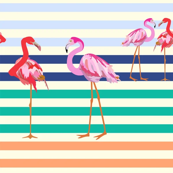 Abstracte illustratie van een Flamingo op een gestreepte achtergrond (zand, zee, hemel), fashion design, naadloze patroon — Stockvector