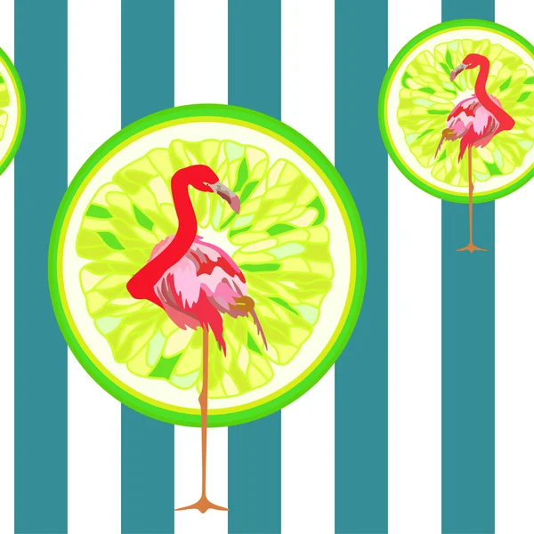 Abstrakt illustration av en Flamingo på en randig bakgrund (vit och grön) med lime, mode design, sömlösa mönster — Stock vektor