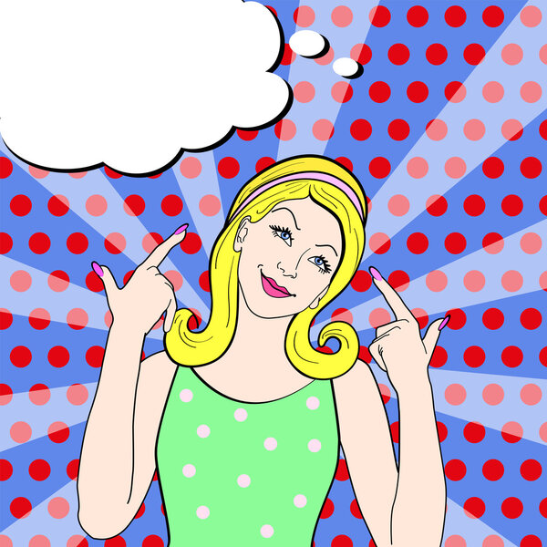  Pop Art illustration of surprised woman with the speech bubble.Pop Art girl. Comic book illustration. Pop Art woman.Vintage advertising poster. pop art girl, sexy woman, thinking