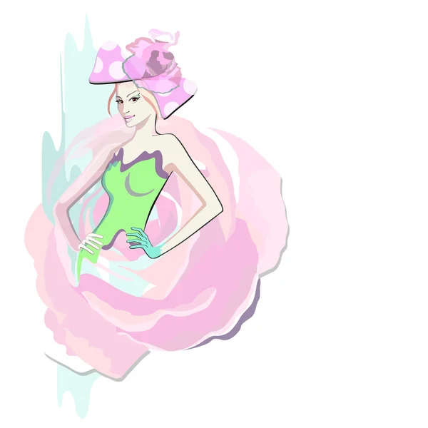 Абстрактний акварельний портрет дівчини (модель) в зеленій сукні і капелюсі (рожевий лук, крапки полка), спідниця і капелюх прикрашені квіткою (троянда), рукавичка. Краса і мода весна літо, ізольовані на білому — стоковий вектор