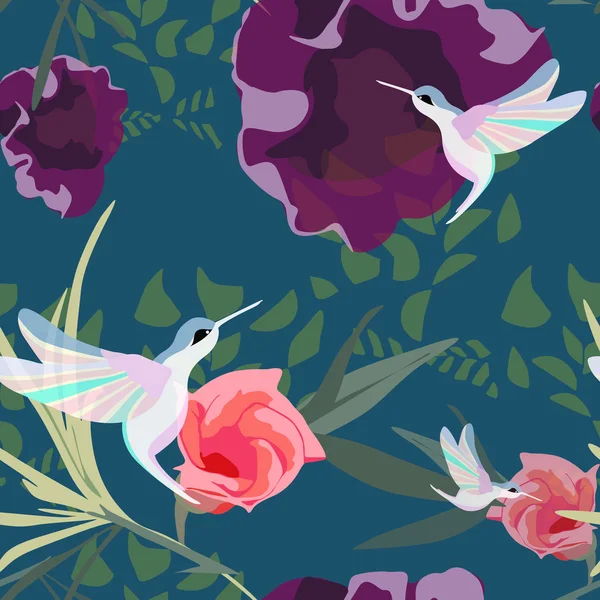 Hummingbirds fly in a flower garden, seamless pattern, fashion design print — Stock Vector