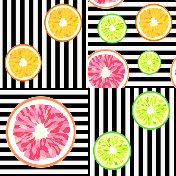 Abstract patroon op een gestreepte achtergrond van citrus (sinaasappel, grapefruit, limoen), naadloos patroon — Stockvector