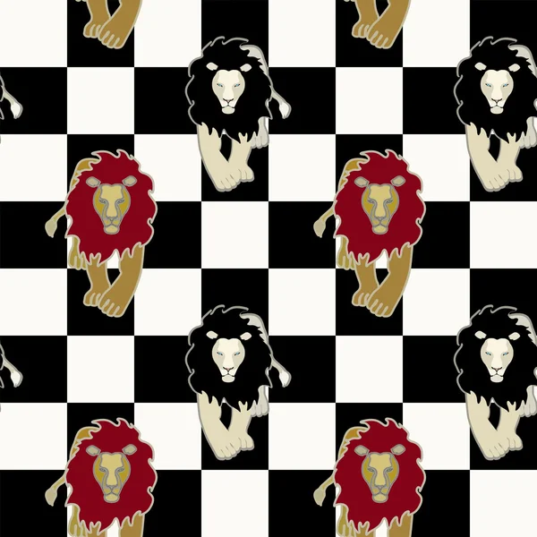 Rood (geel) en wit (zwart) leeuwen op een schaakbord, naadloze patroon, fashion design afdrukken — Stockvector