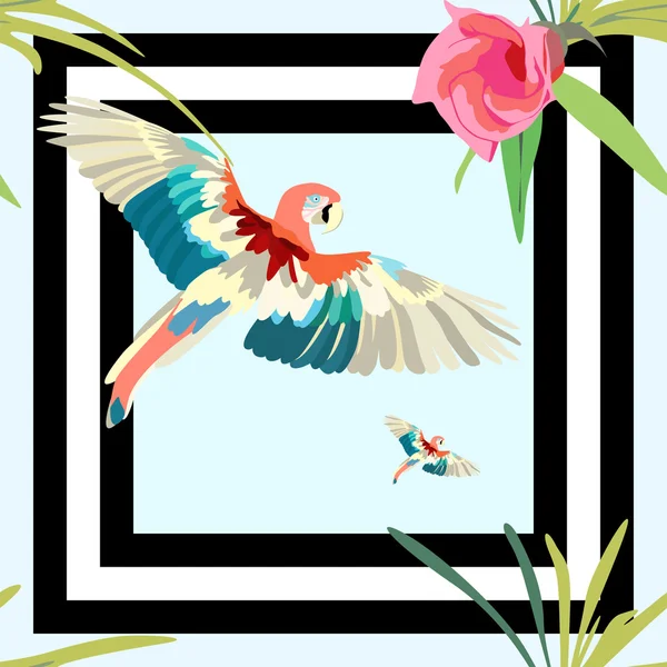 Попугай, полосатый фон с цветами бесшовный узор, модный дизайн — стоковый вектор