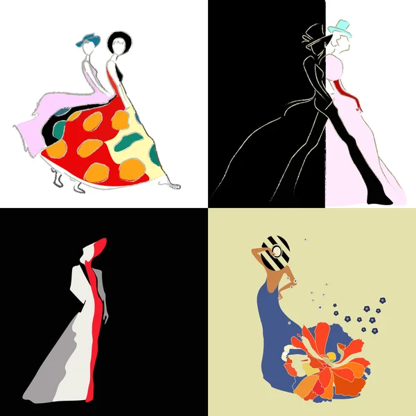 Bosquejo abstracto de niñas y mujeres (modelos) en vestidos, trajes, sombreros, logotipo de la moda primavera verano — Vector de stock