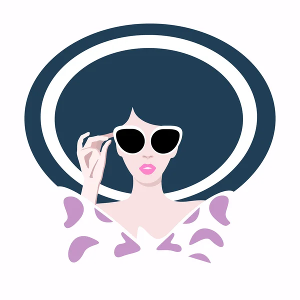 Streszczenie portret dziewczynki w paski kapelusz, okulary przeciwsłoneczne, logo moda, izolacji białe tło, zakupy — Wektor stockowy