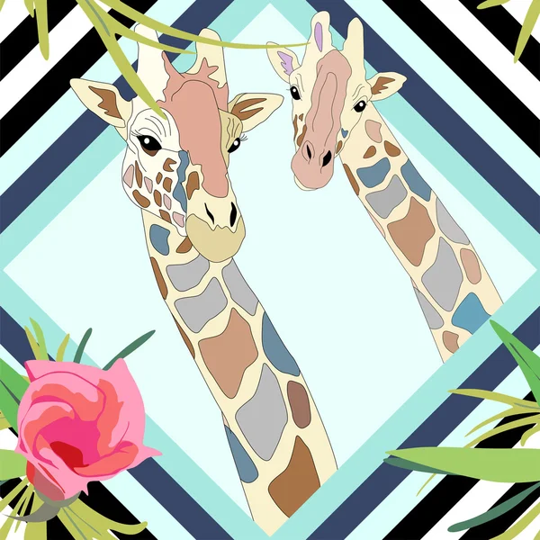 夫妇浪漫的长颈鹿在花，有趣的酷斑马。插图水彩彩色长颈鹿夫妇为时尚印花，海报纺织品，时装设计，无缝图案 — 图库矢量图片#