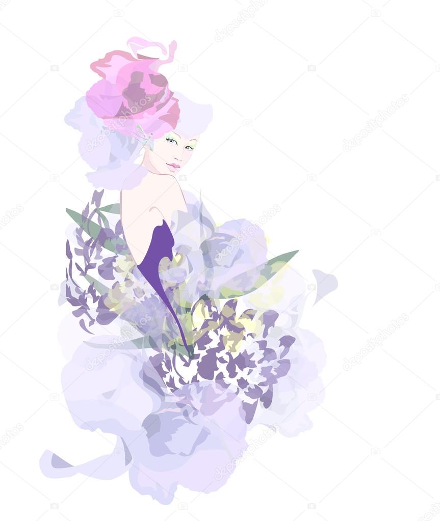 Abstract watercolor portrait of a model (girl) , hat-shaped pink roses, lilac flower dress , beauty logo , isolated white background