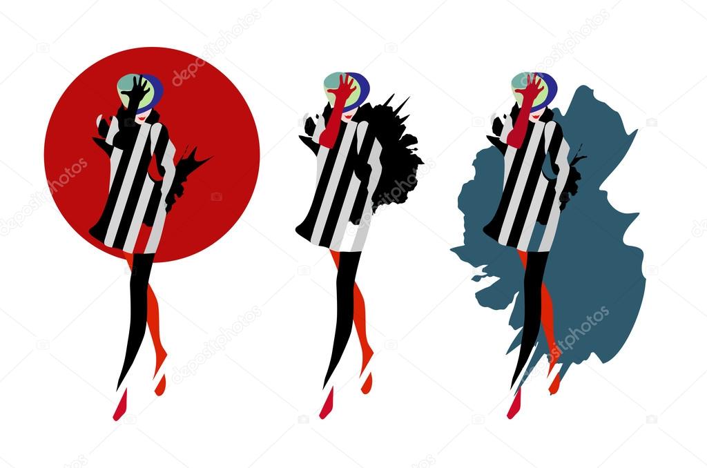 Abstract sketch of girls (models) in a striped dress (red, black, white), hat, red gloves, isolated on white, logo fashion
