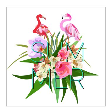 Yaz illüstrasyon ile metin ve tropikal öğeleri, iki (kırmızı pembe) flamingolar, egzotik çiçekler ve yapraklar, izole beyaz arka plan, renk tropikal vektör yazdırır soyut