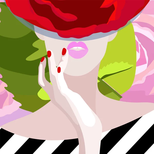 赤い帽子で水彩の抽象パターンの女性モデル ローズ 花の背景 縞模様のドレス 黒と白 ファッション アート テクスチャ春夏美 色ベクトルを出力 ピンクの口紅 — ストックベクタ