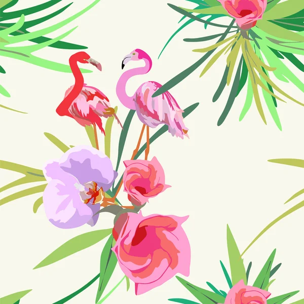 Drawing Two Red Pink Flamingos Tropical Floral Background Color Pink — Stock Vector