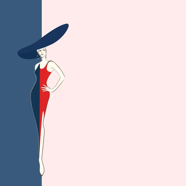 Dibujo Abstracto Mujer Moda Elegante Modelo Vestido Azul Rojo Sombrero — Vector de stock