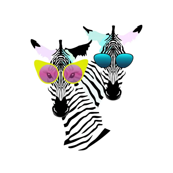 Abstract Aquarel Patroon Twee Grappige Gestreepte Zebra Meisje Man Zonnebril — Stockvector